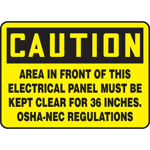 Product image for Panduit PVS0710C4029-L Safety Sign, 7.00" H x 10.00" W, 'CAUTION AREA IN FRONT OF THIS ELECTRICAL PANEL MUST BE KEPT CLEAR FOR 36 INCHES.' (legend), Adhesive Yellow, Black on Yellow. 50 Signs/Roll.