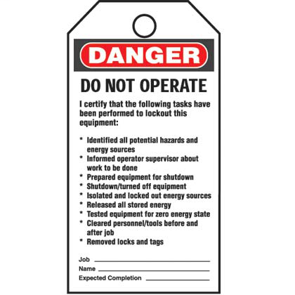 Write-on safety tag, 3.00" W x 5.75" H, danger header, 'Do not operate I certify..' (legend), semi-rigid vinyl, red and black/white, 5 tags and ties/package.