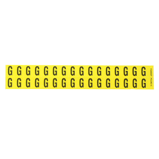 Product image for Panduit PCL062-G Vinyl cloth letter, 0.63" (16.0mm) legend height, 0.75" (19.1) height, 'G' (legend), Blackack/yellow, vinyl cloth, 32 markers/card, 25 cards/package.