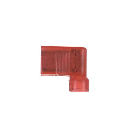 The vibration resistant, right angle style female disconnect is made of brass and is tin-plated. It is fully insulated in red nylon. It has a tab size of 0.250 x 0.032 (6.3 x 0.8 mm) and supports a wire range of 22-18 AWG (0.5-1.0 mm²). It is 0.58" (14.7