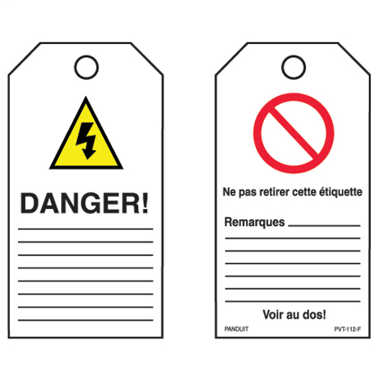 ISO symbol safety tag, 3.00" W x 5.75" H, 'Danger' (legend) with 'Warning of dangerous electrical voltage' symbol, semi-rigid vinyl, red and black/white, 5 tags and ties/package.