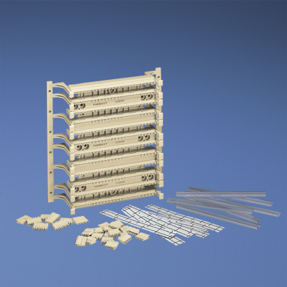 Category 5e system kit includes one 300-pair base with legs, sixty 4-pair connecting blocks, twelve 5-pair connecting blocks, six label and label holders.