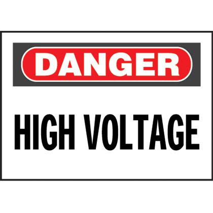 Non-adhesive rigid sign, 7.0" H x 10.0" W, danger header, 'High voltage' (legend), rigid polyethylene, red and black/white, 1 sign/card, 1 card/package.