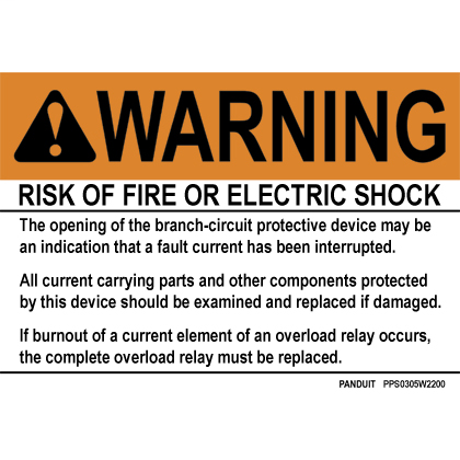 Polyester adhesive sign, 3.5" H x 5.0" W, warning header, 'Risk of fire or electric shock..' (legend), polyester adhesive, black and orange/white, 1 sign/card, 5 cards/package.