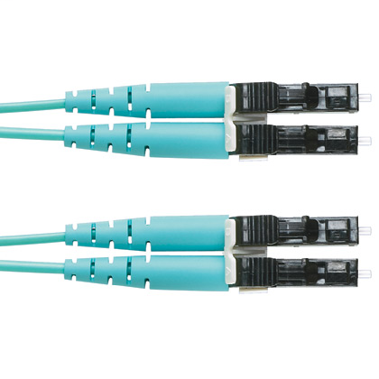 The duplex fiber patch cord is OM4 with 1.6mm jacketed cable. It is Riser (OFNR) rated, features LC Duplex connectors, has standard insertion loss, and is 3 meters long.