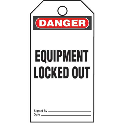 Write-on safety tag, 3.00" W x 5.75" H, danger header, 'Equipment locked out' (legend), semi-rigid vinyl, red and black/white, 5 tags and ties/package.