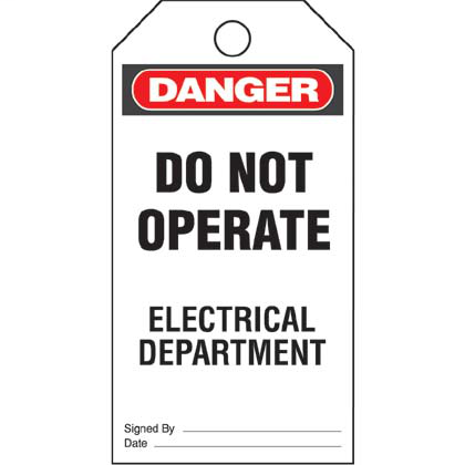 Write-on safety tag, 3.00" W x 5.75" H, danger header, 'Do not operate electrical department' (legend), semi-rigid vinyl, red and black/white, 5 tags and ties/package.