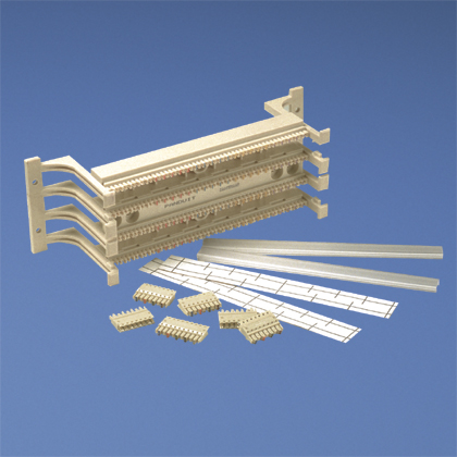 Category 5e system kit includes one 100-pair base with legs, twenty 4-pair connecting blocks, four 5-pair connecting blocks, two label and label holders.