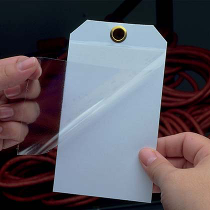 Self-laminating tag, 3.50" x 5.75" front and back lamination with ties, 'Blank' ( no legend), semi-rigid vinyl with polyester, white, 25 tags package quantity.