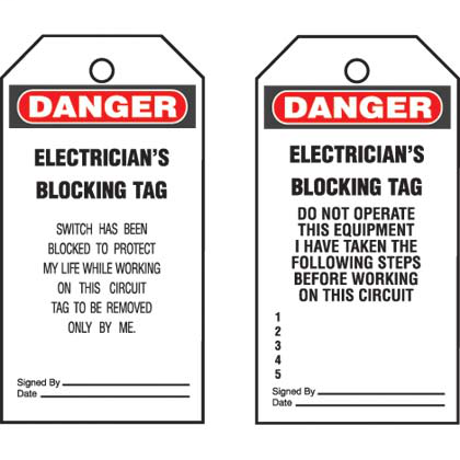 Write-on safety tag, 3.00" W x 5.75" H, danger header, 'Electricians blocking tag..' (legend), semi-rigid vinyl, red and black/white, 5 tags and ties/package.