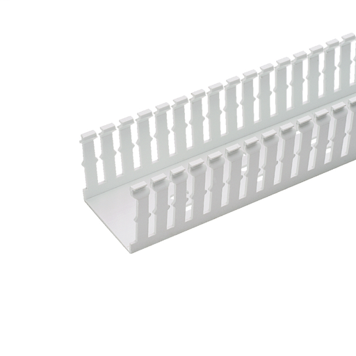 The F1X4WH6 Panduct Lead-Free PVC Narrow Slot Wiring Duct features a narrow slot/finger design that closely matches the spacing of high-density components. Upper and lower scorelines allow for easy finger/sidewall section removal. UL 94 flame class of V-0