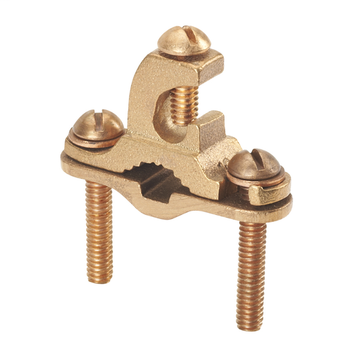 Product image for Panduit GPLAC2-1-C Bronze grounding clamp with lay-in feature, Direct burial, Conductor parallel to pipe, #10 SOL - #2 STR conductor size range, 1/2" - 1" (12.7mm - 25.4mm) iron pipe size, 1.65" (41.9