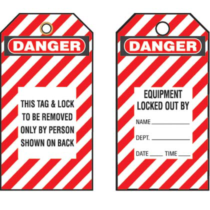 Write-on safety tag, 3.00" W x 5.75" H, danger header, 'This tag & lock to be removed only by person shown on back' (legend), semi-rigid vinyl, red striped and black/white, 5 tags and ties/package.