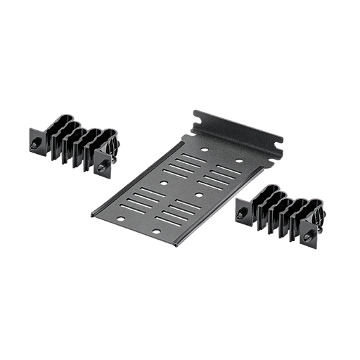 The HD Flex™ Universal Rear Cable Manager includes two 12-position transition managers with a screw mount bracket. It is black.