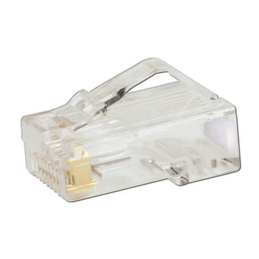 The Cat 5e modular plug terminates 4-pair, 24-26 AWG, 100 ohm, solid or stranded, unshielded twisted pair cable with maximum conductor insulation diameter of 0.040 inches (1.02mm). The modular plug has a robust construction that is rated to 2500 mating cy