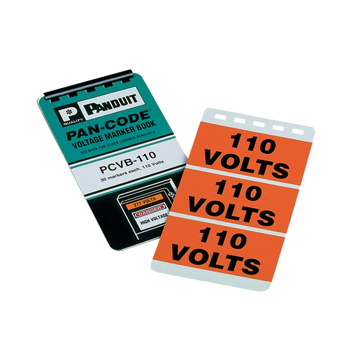 Voltage safety marker book, 'Danger high voltage' (legend), vinyl, red/black on white, 3 markers/page, 30 markers/book.