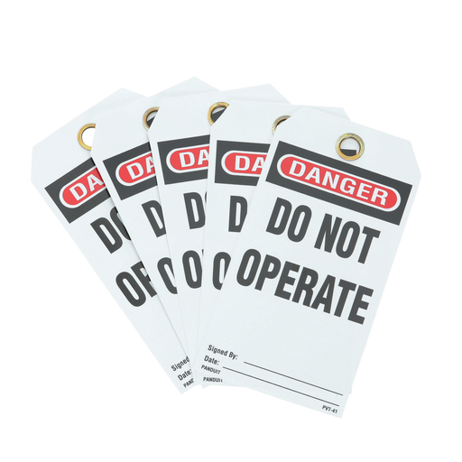 Write-on safety tag, 3.00" W x 5.75" H, danger header, 'Do not operate' (legend), semi-rigid vinyl, red and black/white, 5 tags and ties/package.