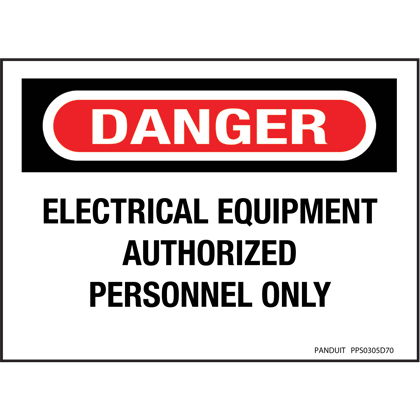 Product image for Panduit PPS0305D70 Adhesive Sign, Polyester, Danger Header, ELECTRICAL EQUIPMENT.., 3.5" x 5", RD and Black/WH