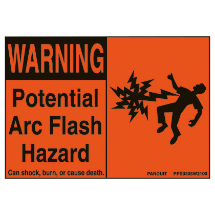 Product image for Panduit PPS0204W2100 Adhesive Sign, Polyester, 'Warning Arc Flash..', 4.50" x 2.25", 2 sgn/cd, 5 cds/pk, BL/OR