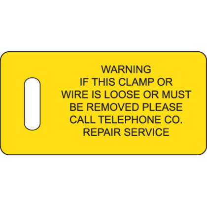 Product image for Panduit PT-TGND Telephone Ground Tag, 2.75"x1.38" w/slot, 'Warning.', 100 tags/pk, BL/YL