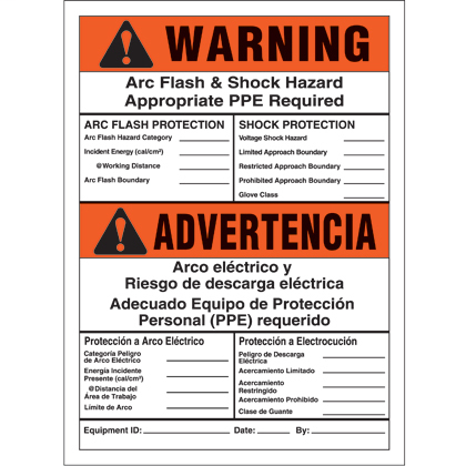 Product image for Panduit PVS0705W2105Y-S Yellow Adhesive Sign, 5" W x 7" H, 2012 NFPA 70E Arc Flash Spanish/English Legend, 1/cd, 5 cds/pk, Orange and Black/White.