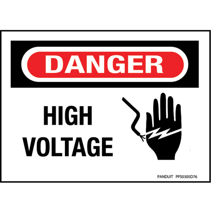 Panduit PPS0305D76 Polyester Adhesive Sign, DANGER Header, HIGH VOLTAGE With Hand Symbol, 3.5" X 5", 1 Sgn, RD/BL/WH Product image for Panduit PPS0305D76 Polyester Adhesive Sign, DANGER Header, HIGH VOLTAGE With Hand Symbol, 3.5" X 5", 1 Sgn, RD/BL/WH