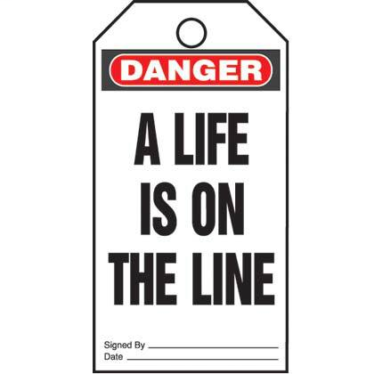 Product image for Panduit PVT-97 Plastic Tag, 'Danger A Life Is On The Line', 5 tags & ties/pk, RB/WH