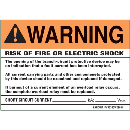Product image for Panduit PVS0305W2201Y Yellow Adhesive Sign, 3.5" H x 5.0" W, Warning Header, 'Risk of fire Orange electric shock..' (legend), Yellow Adhesive, Orange and Black/White, 2 Sign/Card
