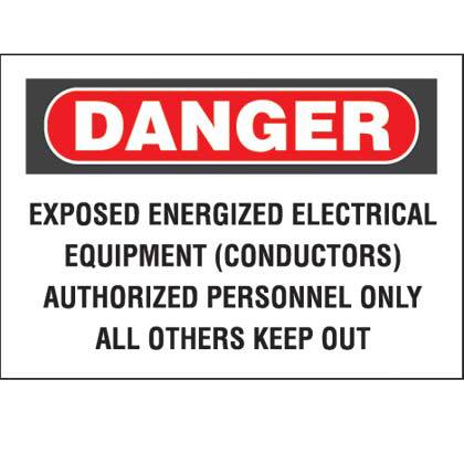 Product image for Panduit PPS0710D77 Adhesive Sign,Polyester,'Danger Exposed...',10"x7", 1sgn/cd, 5 cds/pk, RB/WH