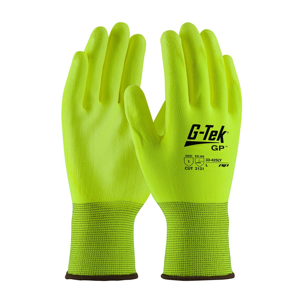 PIP 33-425LY/M Medium Bright Yellow Polyurethane Palm and Fingertip Coated Knit Protective Gloves PIP 33-425LY/M Medium Bright Yellow Polyurethane Palm and Fingertip Coated Knit Protective Gloves