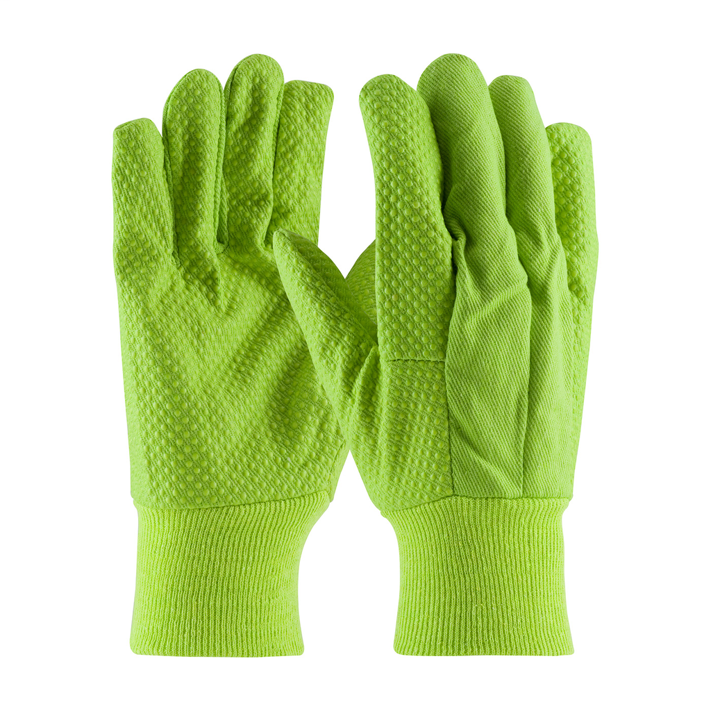 Product image for PIP 91-910PDL Hi-Vis Premium Grade Cotton Canvas Glove w/ PVC Dot Grip on Palm, Thumb and Forefinger - 10 oz