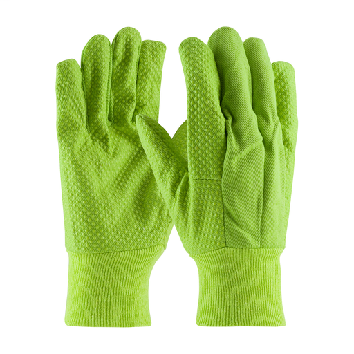 Product image for PIP 91-910PDL Hi-Vis Premium Grade Cotton Canvas Glove w/ PVC Dot Grip on Palm, Thumb and Forefinger - 10 oz