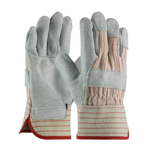 Product image for PIP 85-7512 Gray/Red Split Leather Palm Gunn Pattern Canvas Back Safety/Rubberized Cuff Men Protective Gloves