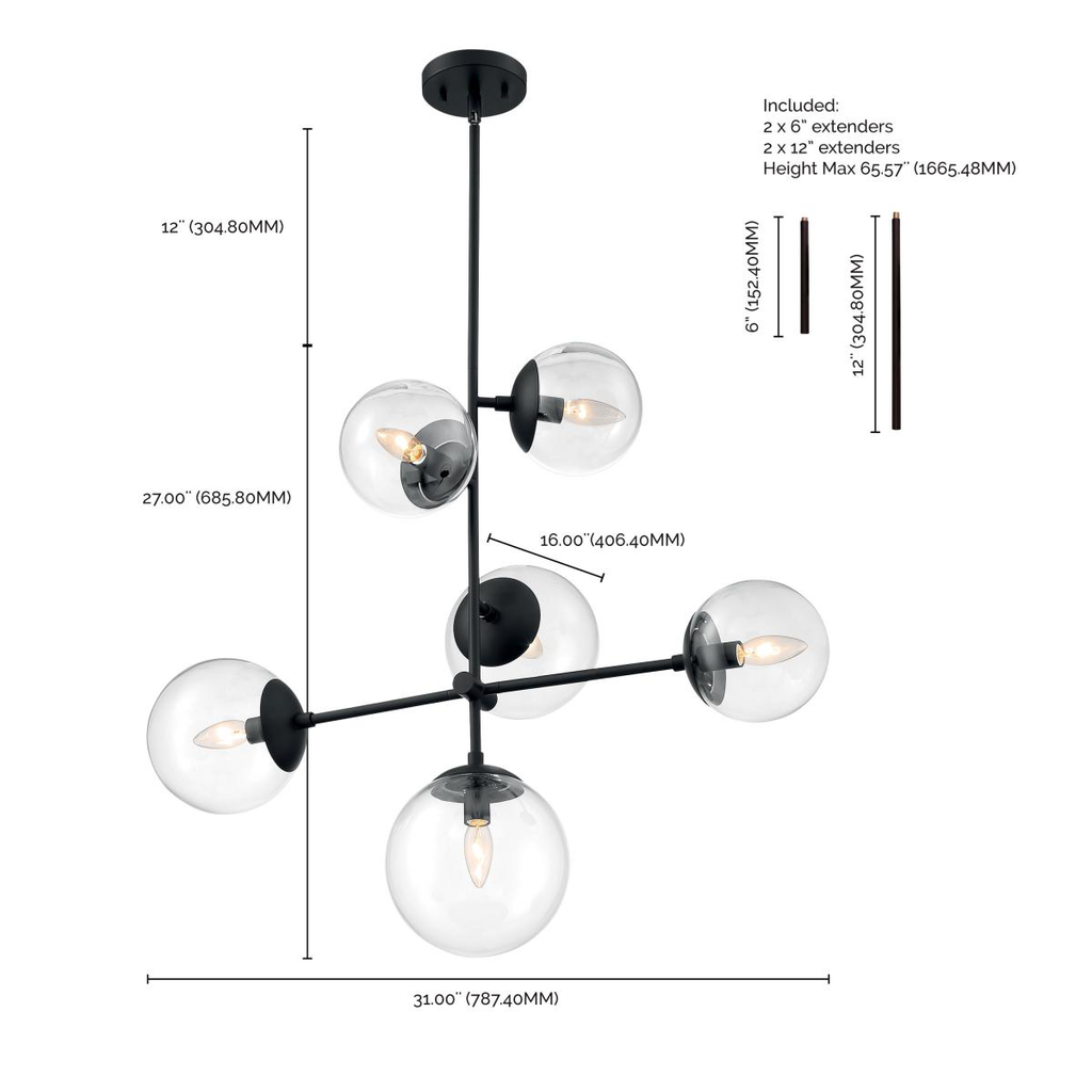 Sky - 6 Light Pendant with Clear Glass - Matte Black Finish