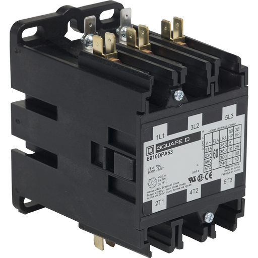 Product image for Square D 8910DPA63V07 550/600 VAC 60 Amp 3-Pole NEMA 1 Non-Reversing Definite Purpose Contactor