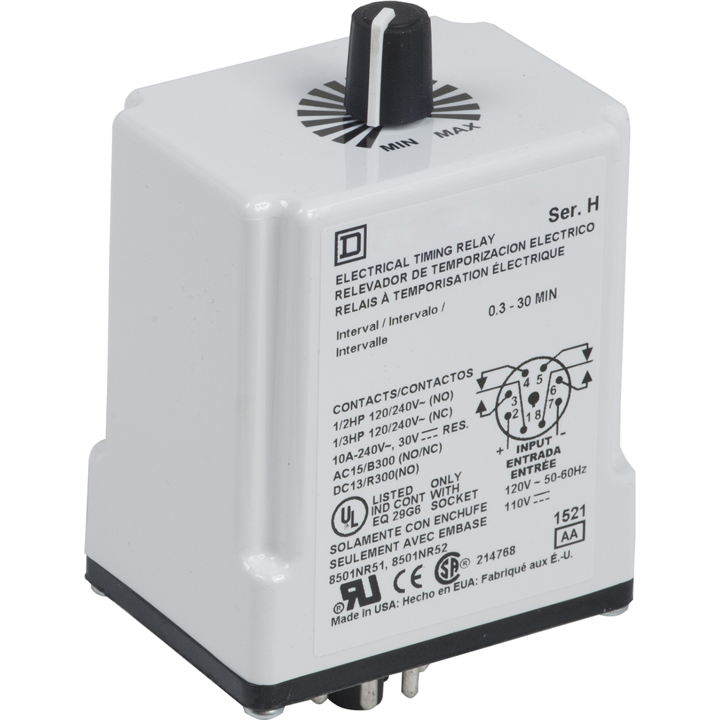 Product image for Square D 9050JCK48V20 120 VAC 110 VDC Coil 10 Amp DPDT Plug-In Socket Mount AC/DC Timing Relay
