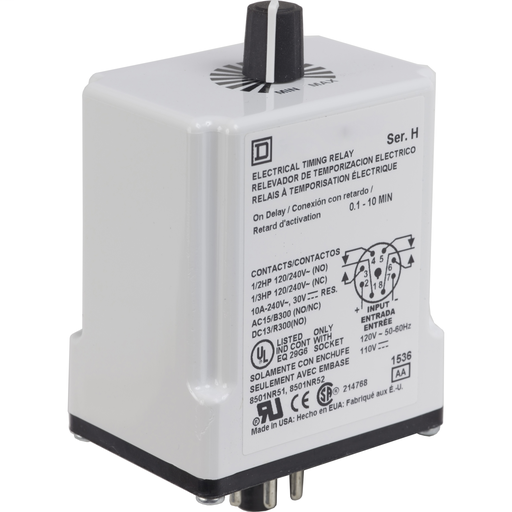 Product image for Square D 9050JCK18V14 24 VAC/VDC Coil 10 Amp DPDT Plug-In Socket Mount AC/DC Timing Relay