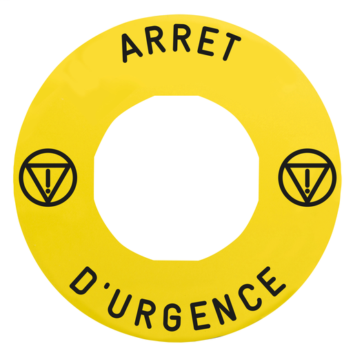 Legend holder Ø60 for emergency stop, plastic, yellow, for padlocking, marked ARRET D’URGENCE