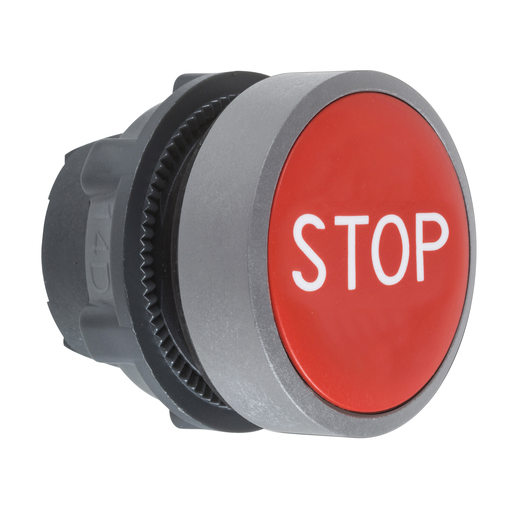 Red flush pushbutton head white marked “STOP” cp grey