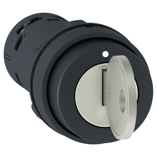Monolithic key switch selector, plastic, black, Ø22, key n°455, 2 positions, stay put, 1 NO
