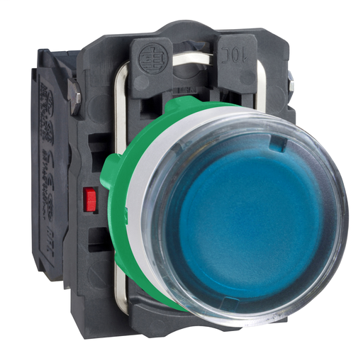 Blue flush illum pushbutton with integral LED 230V cp white