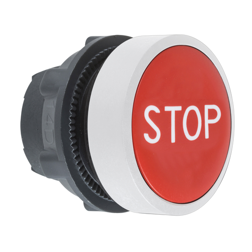 Red flush pushbutton head white marked “STOP” cp white