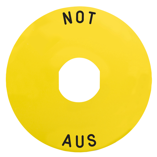 Marked legend Ø90 for emergency switching off – NOT-AUS/logo ISO13850
