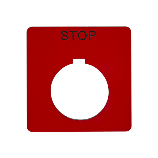 Push button 30 mm legend plate – Marked “STOP”