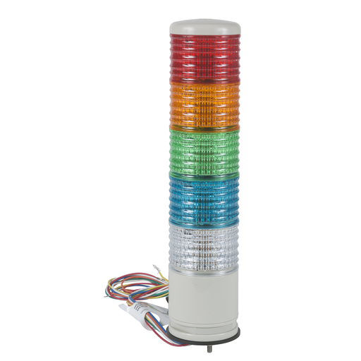 Monolithic tower light, red-orange-green-blue-clear, 60mm, base mounting, steady or flashing, with buzzer 70…85 dB, IP54, 24 V AC DC