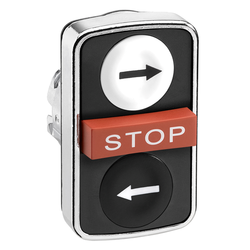 White flush/red projecting/black flush triple-headed pushbutton Ø22 with marking