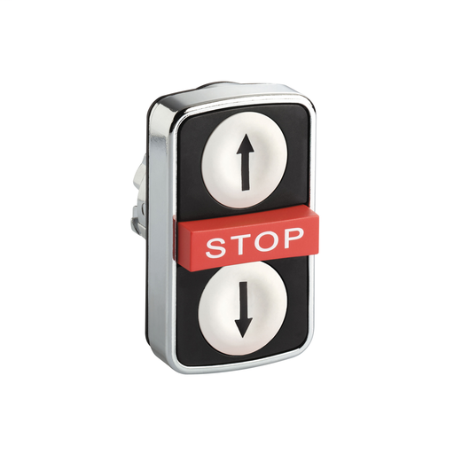 Black flush/red projecting/black flush triple-headed pushbutton Ø22 with marking