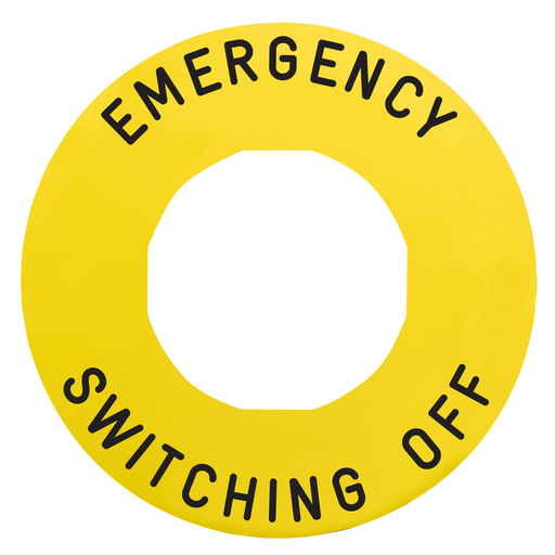 Marked legend Ø60 for emerg.switch.off – EMERGENCY SWITCHING OFF/logo ISO13850