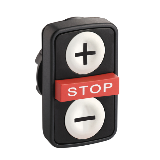 White flush/red projecting/white flush triple-headed pushbutton Ø22 with marking