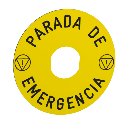 Marked legend Ø90 for emergency stop -PARADA DE EMERGENCIA/logo ISO13850